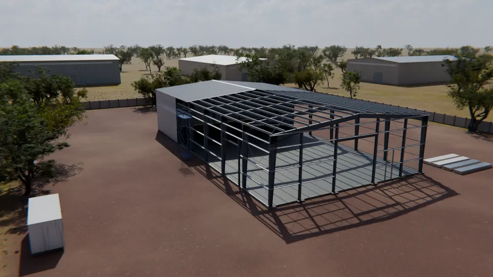 Today's site photo: roof and wall sheeting going on over the far bays